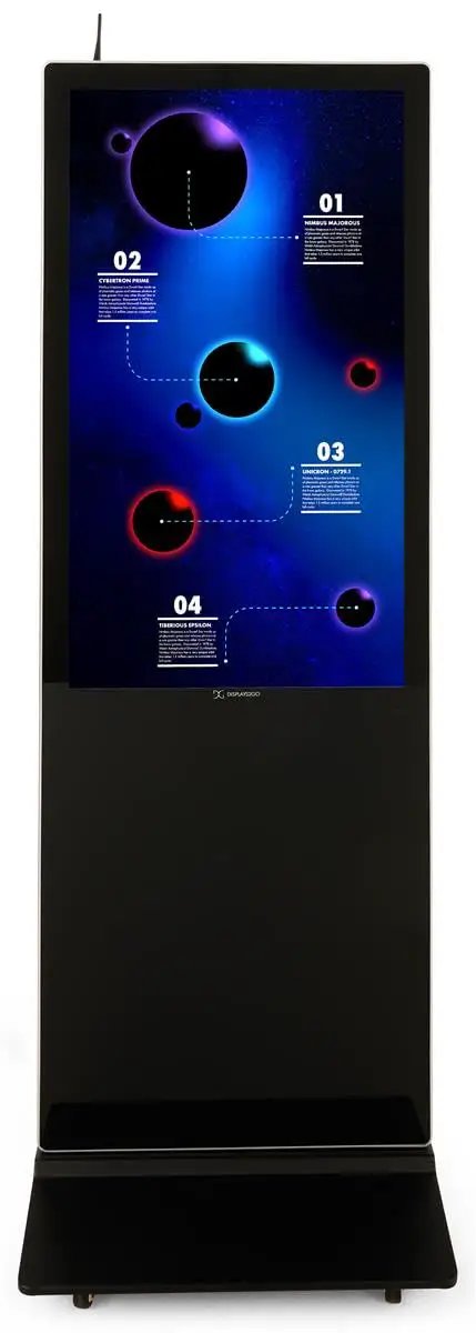 Slide A Slick 43 Inch Digital Display Advertising Floor Stand Into Your Spot For Legit 1080p Lcd Quality Smooth Android 11 Smart Features And Zero Stress Wifi Bluetooth Streaming Setup That Flows All Day with vibrant space-themed graphics.
