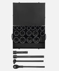 Big Time Heavy Duty 1 Inch Drive Impact Socket Set 21 Piece Standard Inch Sizes, black phosphate coated sockets in storage box.