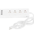 Totally Smooth Smart Power Strip With Four Wall Outlets And Four USB Charging Ports, white, with power cord.