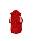 Red dog hoodie with buttons and white stripes, designed for comfort and style.
