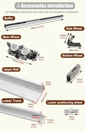 Trackless Sliding Barn Door Kit With Soft Close, Concealed Hardware For 3 To 6 Ft Doors, Hidden Sliding Door System components and sizes