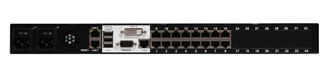 Heavy Hitter 16 Port KVM Over IP Switch With Plug And Play Remote Access Dual Power Redundancy Virtual Media Support And No Sweat Rack Mount Setup For Serious Data Center Crews rear panel with ports and connections.