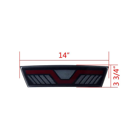 Badass Smoked Rear Bumper DRL And Brake Lamp For 2020 To 2023 Tesla Model Y shown with dimensions 14" x 3 3/4", sleek design.