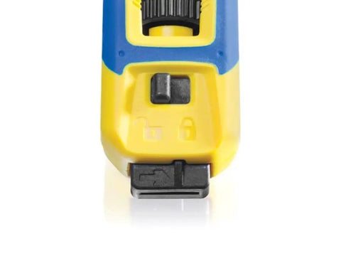 Close-up of yellow 4-70 Cable Knife System for Round Cable Stripping with 28mm and 35mm hooks showing quick change mechanism.