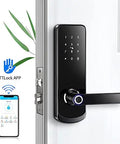 Rock Solid Fingerprint Electronic Door Lock Featuring A Slick Acrylic Touchscreen Keypad and Hassle Free Digital Programming Heavy Duty Stainless Steel Deadbolt For Secure Home Hotel Access with smartphone app control.