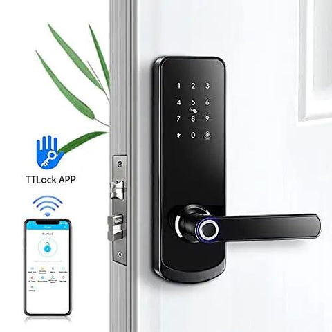 Rock Solid Fingerprint Electronic Door Lock Featuring A Slick Acrylic Touchscreen Keypad and Hassle Free Digital Programming Heavy Duty Stainless Steel Deadbolt For Secure Home Hotel Access with smartphone app control.