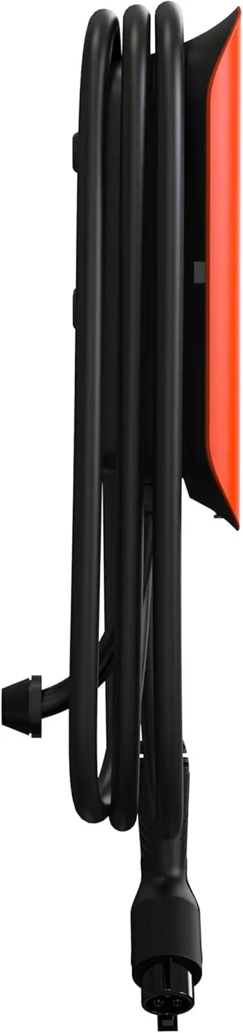 Side view of Level 2 Commercial EV Charger Gen 2 with 48 Amp 11.5kW Output, J1772 Gun, 25 Ft Cable coiled, Orange, Lightning-Fast Charging