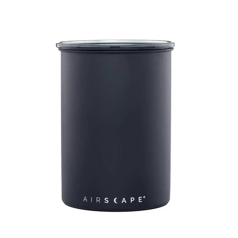 Stainless Steel Coffee Canister with Patented Inner Plunger Lid, Airless Design, Matte Black, Medium, Shown Upright