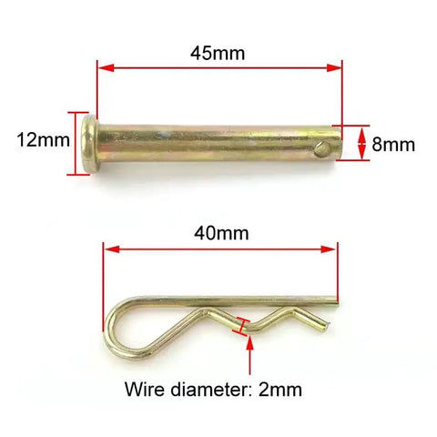 Built Tough Heavy Duty Carbon Steel Single Hole Clevis Pins 8mm X 45mm With R Shaped Spring Cotter Pins And Flat Head For Mower And Tractor Fasteners Zinc Plated For Rust Resistance Reusable Hardware, dimensions and specifications.