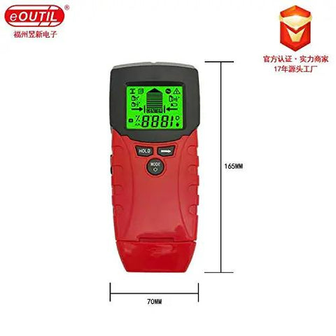 Knockout Handheld Metal Detector And Wood Moisture Meter With AC Voltage Live Wire Wall Scanner, red portable tool with digital display.