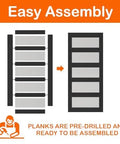 Diagram showing easy assembly of 48 Inch By 84 Inch 5 Lite Tempered Frosted Glass Sliding Barn Door with parts and tools.