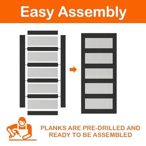Diagram showing easy assembly of 48 Inch By 84 Inch 5 Lite Tempered Frosted Glass Sliding Barn Door with parts and tools.