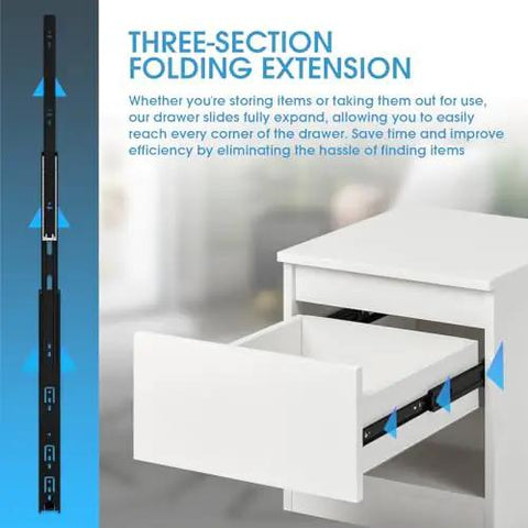 Rock Solid Eight Inch Full Extension Drawer Slides One Pair Side Mount Ball Bearing Rails with open drawer for easy access.