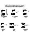 Diagram showing six pro rolls: 1/4 inch turning, 1/8 inch turning, wiring, crimping, burr, ogee for Manual Bead Roller For Metalworking.