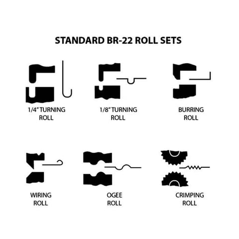 Diagram showing six pro rolls: 1/4 inch turning, 1/8 inch turning, wiring, crimping, burr, ogee for Manual Bead Roller For Metalworking.