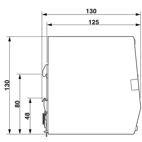 Beefy UNO2-PS Style Switching Power Supply 24V DC Output 480W 1A AC Input Industrial Grade Go To Power Source For Controls Panels And Machinery Compact Reliable Easy Install, side view dimensions 130x130mm