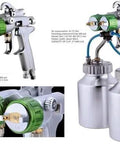 Heavy Duty Double Nozzle Paint Spray Gun With 1200 Rpm Pneumatic Feed And 1.3 Mm Tips, dual nozzle design, stainless steel paint cups.