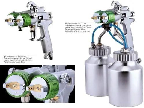 Heavy Duty Double Nozzle Paint Spray Gun With 1200 Rpm Pneumatic Feed And 1.3 Mm Tips, dual nozzle design, stainless steel paint cups.