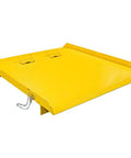 Tough As Nails Heavy Duty 84 By 96 Inch Shipping Container Loading Ramp With Fold Down Loop Flips And Safety Chain Forklift Ready 15000 Pound Capacity yellow steel ramp with chain attachment.