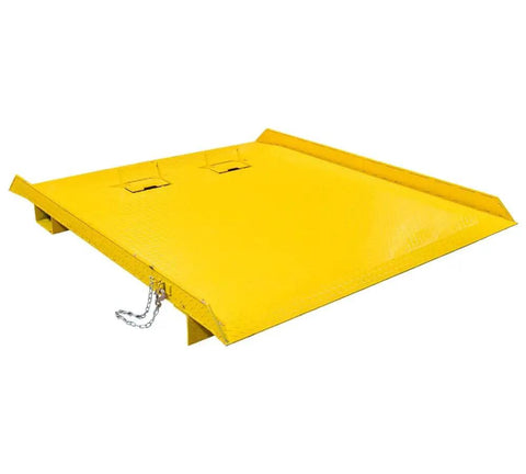 Tough As Nails Heavy Duty 84 By 96 Inch Shipping Container Loading Ramp With Fold Down Loop Flips And Safety Chain Forklift Ready 15000 Pound Capacity yellow steel ramp with chain attachment.