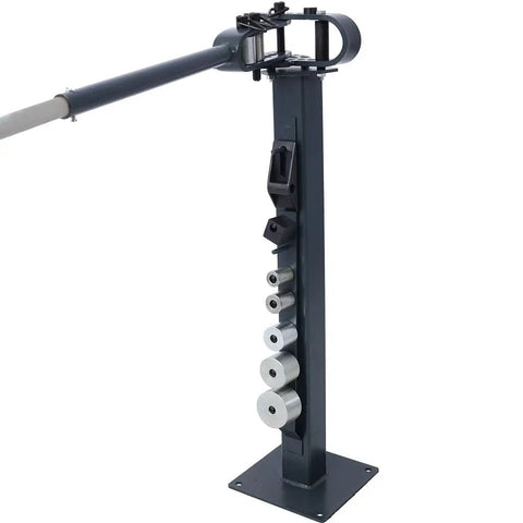 Heavy Duty Floor Metal Bender With 7 Dies, 44 Inch Telescoping Handle, 1 To 3 Inch Bending Capacity shown with dies and handle extended