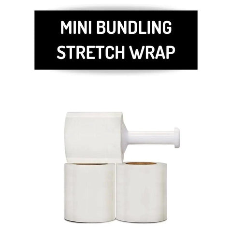 Top Shelf Pre Stretched Clear Plastic Wrap Roll 5 Inch By 1000 Feet Industrial Strength Shrink Film shown with mini bundling stretch wrap.