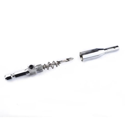 Knockout Four Piece Hinge Mortising Drill Bit Set With One Quarter Inch Hex Shank And Included Allen Wrench Built From Hella Tough High Speed Steel, showcasing hex shank and drill bit.