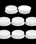Front view of 9 white silicone rubber hole plugs for 1-1/2-inch round holes, 38.6 mm diameter