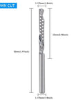 Front view of a down-cut 1/8 in single-flute spiral end mill for CNC routers; 50 mm overall length with 25 mm cutting length.