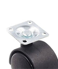 Ten Piece Set Of Slick Swivel Flat Plate Chair Casters With Snap On Brakes And Smooth Glide Motion Built For Casual Office Seating And Rough Daily Wear Fast Drop In Install Scratch Free Alloy Rollers close-up of single black caster wheel with metal plate