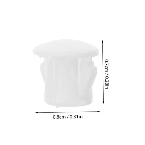 Close-up of a white plastic hole plug showing dimensions, part of the 100 Pcs Plastic Hole Plugs White Screw Cap Covers For Cabinets Shelves And Furniture Quick Fix Dust Protection And Reno Boost For Home Office Decor Now.