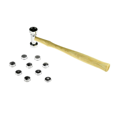 Texturing Hammer With Dual Head And Interchangeable Tips, Nine Tip Options Built For Any Project Like Stripe, Rounded Stripe, Checkerboard, Diamond, Moon Face, Dimple, Cone, Round, And Square, Each Tip Is Three Quarter Inch Diameter