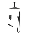 Shower System 16 Inch Square Bathroom Rain Mixer Shower Combo Set in matte black finish with a rainfall showerhead and hand-held sprayer