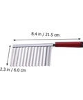 Front view of wavy potato chopper with stainless steel blades and red ergonomic handle, 8.4 in long.