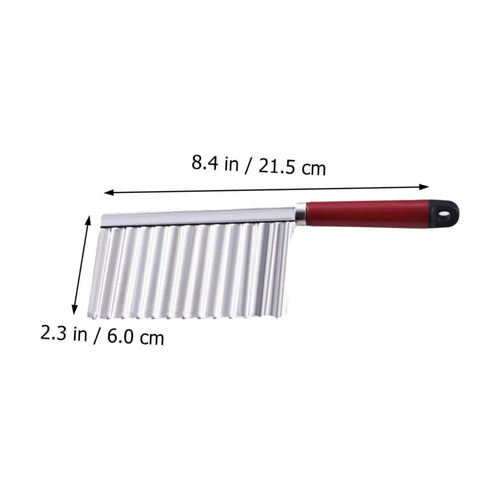 Front view of wavy potato chopper with stainless steel blades and red ergonomic handle, 8.4 in long.
