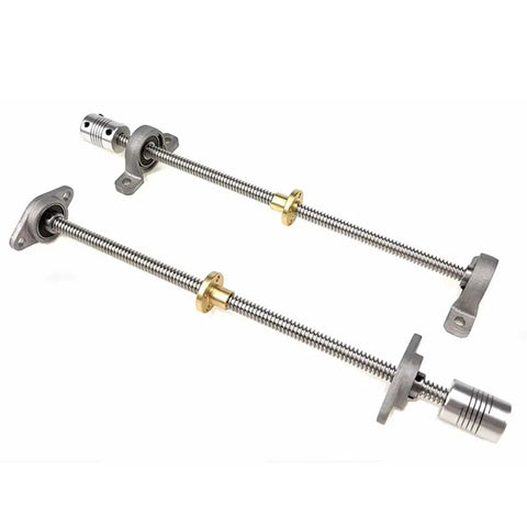 Top Tier 3D Printer Lead Screw Guide Rail Kit With T10 Lead Screw And Brass Nut For Smooth Motion And Precision Printing In Various Sizes. T10 lead screw kit with brass nuts, metal holders, and couplers for 3D printer motion.
