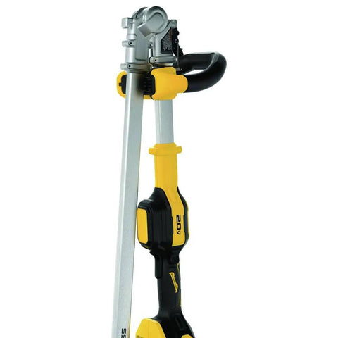 Close-up of 20V Max String Trimmer Kit with 5Ah Battery and QuickLoad Spool showing the foldable design for compact storage.