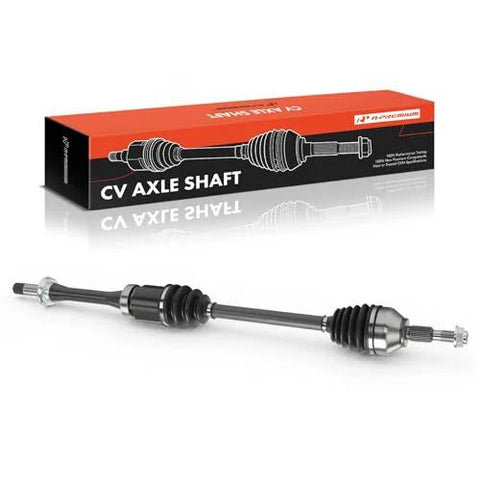 Ford Fusion Front Right CV Axle Shaft Assembly For 2013 To 2020 2.5L L4 Models Front Passenger Side With Axle Nut Included Spindle Nut Thread Size M22 X 1.5 Abs Ring Not Included shown with packaging