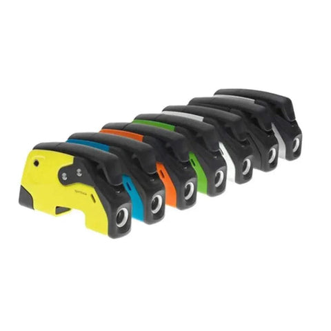 Spinlock XTR rope clutch row in assorted colors; yellow front unit, angled front view