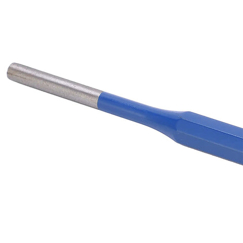 Heavy Duty Steel Pin Punch Kit With Kickass Ergonomic Blue Handles and Tough As Nails Heat Treated Drift Center Punch detail, showing blue handle and steel tip.