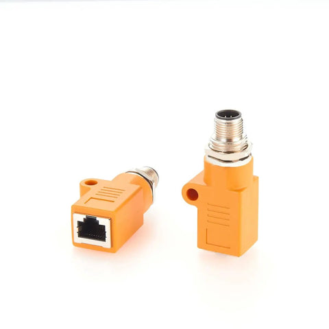 Waterproof M12 To RJ45 Bulkhead Adapter A Code 8 Pin Male To RJ45 Jack Straight Orange for industrial automation.