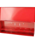 Top Shelf Fire Sprinkler Spare Head Storage Box With Six Slots Red Finish Hella Sturdy Hinged Cover interior view with open lid.