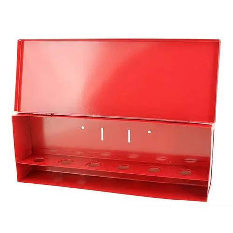 Top Shelf Fire Sprinkler Spare Head Storage Box With Six Slots Red Finish open view, metal construction with pre-drilled holes.