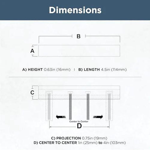 Dimensions diagram for Champagne Bronze Cabinet Handles 5 Pack Adjustable Drawer Pulls, showing height, length, projection, and hole centers.