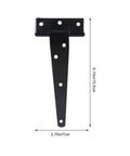 Six Inch T Shape Beefy Rustproof Iron Light Duty Shed Hinge Set for DIY Gates and Doors, black gate strap hinge with measurements.