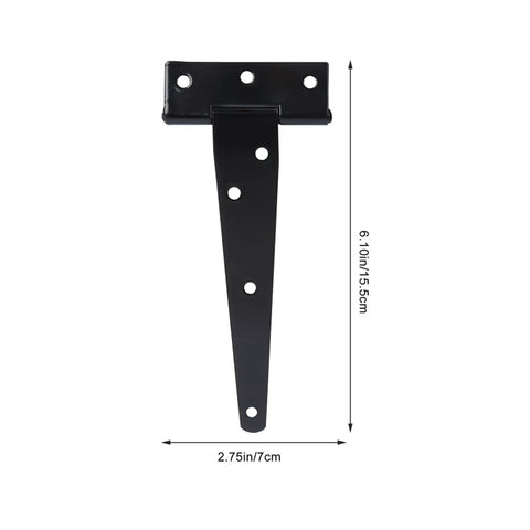 Six Inch T Shape Beefy Rustproof Iron Light Duty Shed Hinge Set for DIY Gates and Doors, black gate strap hinge with measurements.