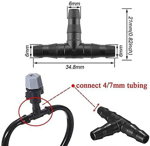 Front view of black barbed irrigation T-fitting for 4/7 mm tubing with straight, tees, elbows, end plug