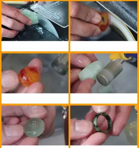Game Changing All In One Gemstone Jade Cutter Carver And Polisher Bench Grinder For Serious Rockhounds Seeking A Flawless Pro Finish On Hard Stones And Raw Minerals in use with hands demonstrating cutting, carving, and polishing gemstones.