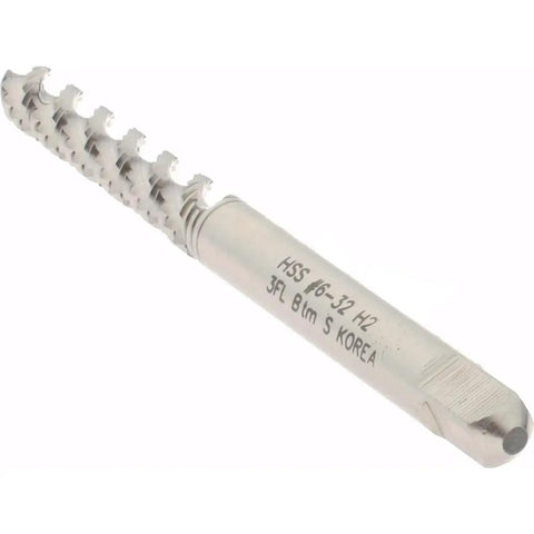 High Speed Steel Spiral Flute Tap For Six Thirty Two UNC Threads, 3 Flutes, 52 Degree Helix, Bottoming Chamfer, Bright Finish