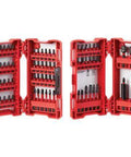 Milwaukee Shockwave 74-piece impact driver bit set in red carrying case, shown in three open views.